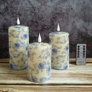 Bleu et blanc porcelaine impression LED <span class=keywords><strong>cire</strong></span> de paraffine pilier bougie 3 pièces Style céramique chinoise sans flamme scintillement personnalisé décor à la maison - Product Image 4