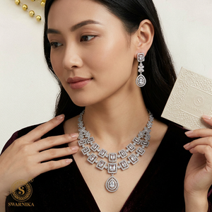 Luxury Cubic Zirconia Brass Necklace Set <b>Silver</b> Plated Two Layer Geometric CZ Diamond <b>Choker</b> Earrings Bridal Jewelry - Product Image 2