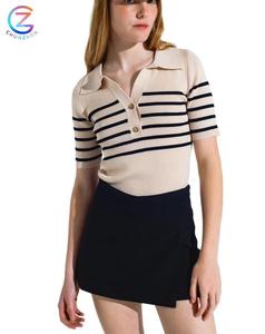 Custom <strong>Polo</strong> Collar Striped <strong>Women's</strong> Pullover Knitwear Summer Short <strong>Womens</strong> Sweater Sleeve Loose <strong>Jumper</strong> For <strong>Women</strong> - Product Image 1