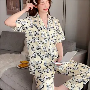 Hot Sale High Quality Cute Cat Printing Pyjamas Set Ladies Satin Silk Like Sleepwear Polo Neck Short Sleeve Cardigan Home Suit
