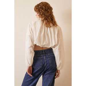 Blusa Corta con Mangas Abullonadas, Blanca, de Popelina Transparente, Informal, para Mujer, para Uso Diario - Product Image 1