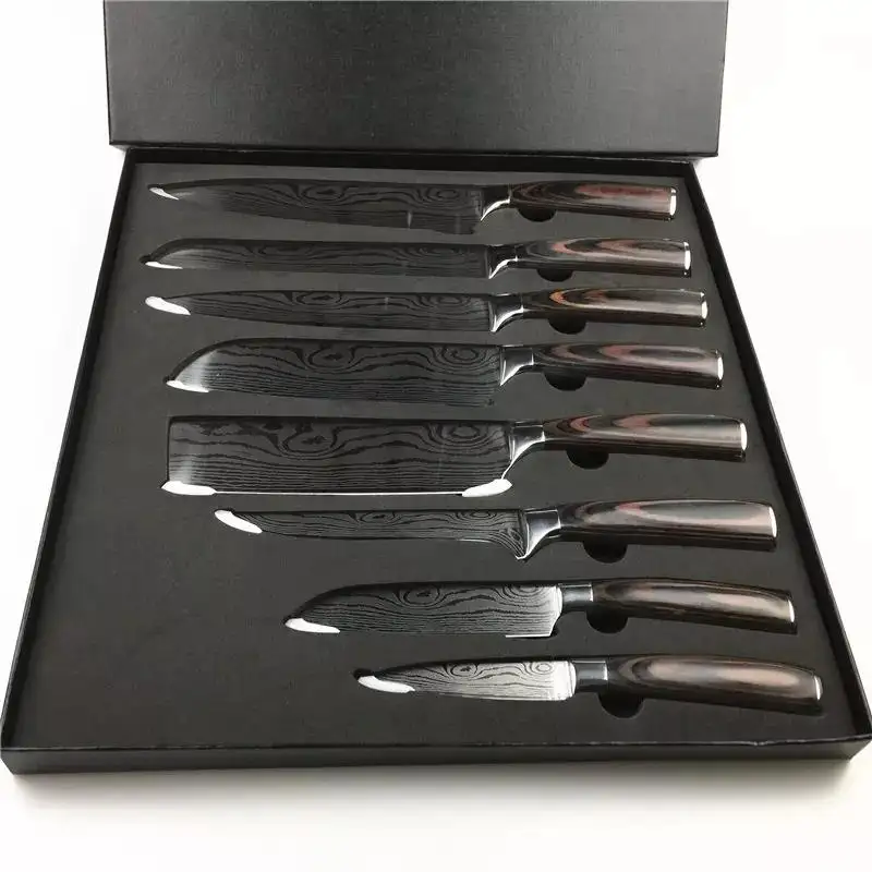 Set di coltelli da cuoco da cucina 8 pezzi coltello per affettare modello Laser damasco giapponese 7 cr17 440C acciaio inossidabile ad alto tenore di carbonio 8 pollici