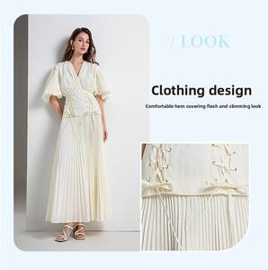 Estivo <span class=keywords><strong>elegante</strong></span> <span class=keywords><strong>tunica</strong></span> con scollo a V sottile per abito Midi plissettato a fascia per <span class=keywords><strong>donna</strong></span> Casual manica a lanterna stile impero abito in pizzo sostenibile - Product Image 5