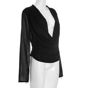 Camicette e Bluse Eleganti da Donna in Chiffon Nero con Scollo a V Profondo e Maniche Lunghe, Nuovi Arrivi Primavera 2026 - Product Image 5