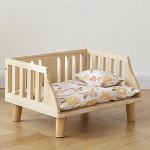 Wooden Pet <b>Bed</b> Rectangle Natural Wood Color With Fence <b>For</b> Dog Floor Use - Product Image 3