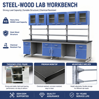 Table de laboratoire en acier et bois, plan de travail en époxy avec étagère à réactifs et armoire en verre pour laboratoire scolaire de chimie et de biologie SEFA8