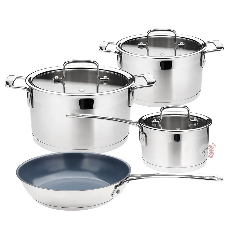Realwin Custom 7Pcs Straight Shape Cookware Induction Stainless Steel Cooking Pots Cookware Set With Glass Lid