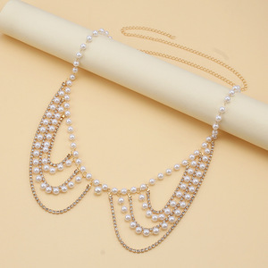 Cadena de cintura de perlas estilo europeo americano, cadena dorada de perlas de imitación, cadena corporal de un solo lazo para fiesta, accesorio de moda. - Product Image 3