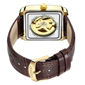 Reloj totalmente automático de moda con banda de cuero CHENXI, Reloj mecánico hueco cuadrado para hombre, Reloj de pulsera de lujo dorado de negocios, Reloj - Product Image 2