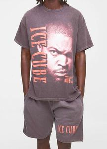 Conjunto de camiseta y pantalón corto oversize con estampado de chocolate y cubos de hielo, estilo vintage con efecto acid wash, chándal estampado para hombre - Product Image 1