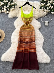 <span class=keywords><strong>Vestido</strong></span> Maxi de Mujer en Degradado <span class=keywords><strong>Amarillo</strong></span> Neón y Borgoña, Tejido a <span class=keywords><strong>Crochet</strong></span>, Corte en A, con Detalle de Borlas, Sin Mangas, Antiarrugas, Casual, para Verano - Product Image 3