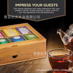 Boîte à sachets de thé en bois avec couvercle en acrylique, organisateur de rangement à ouverture rabattable pour sachets de thé et sachets de café, forme rectangulaire avec tiroir - Product Image 4
