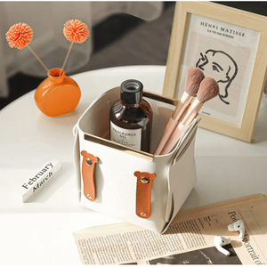 Nordic style desktop leather gold-rimmed <b>storage</b> basket, makeup brush holder, <b>remote</b> <b>control</b> holder, entryway key box - Product Image 2
