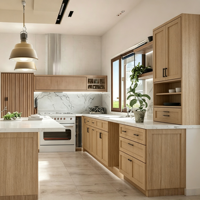 Meubles de cuisine modernes sans poignées, blanc et bois bicolore, armoires de cuisine modulaires européennes en contreplaqué marin pour appartement