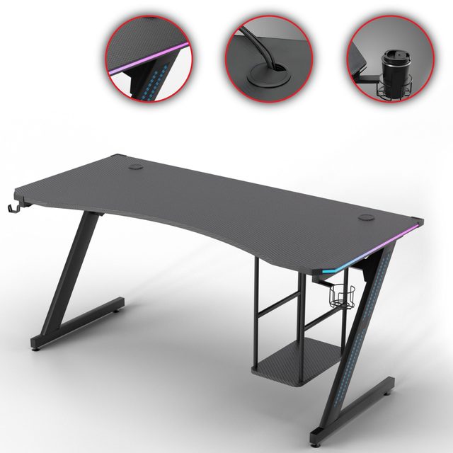 Discount LED Light Black Computer Desk PC RGB Racing Gaming Desk Z Shape LED Computer Gamer Gaming Table Set for Laptop