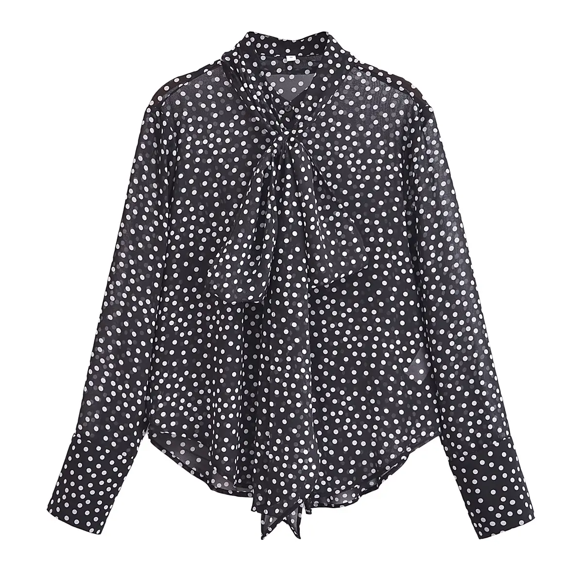 Polka dot print bow tie collar long sleeve casual fashion shirts for women