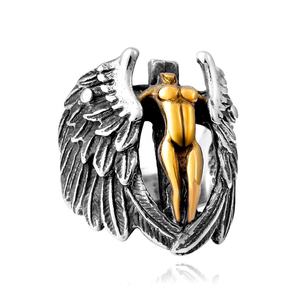 Anillo Yunnique de Acero Inoxidable 316 de Dos Tonos con Cruz de Ángel para Hombre, Estilo Antiguo en Plata y Oro, Atrevido, Oscuro, Rebelde, Motero, Punk, Gótico, para Fiesta - Product Image 5