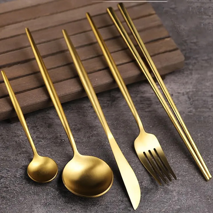 Portable Travel 5pcs Stainless Steel Tableware Restaurant 5-piece Set Flatware Chopsticks Spoons Forks And Knives For Wedding