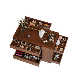 Wholesale Closet Island with 6 Drawers, <b>Walnut</b> Bedroom Wardrobe Armoire with Glass Top & Open <b>Shelves</b> for Jewelry Storage - Product Image 2