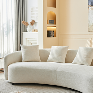 Modern Curved Wooden Frame Modular Sectional Cushion Back Teddy Fabric White <b>Sofa</b> Set Oval Upholstered 4 <b>Pillows</b> Living Room - Product Image 4