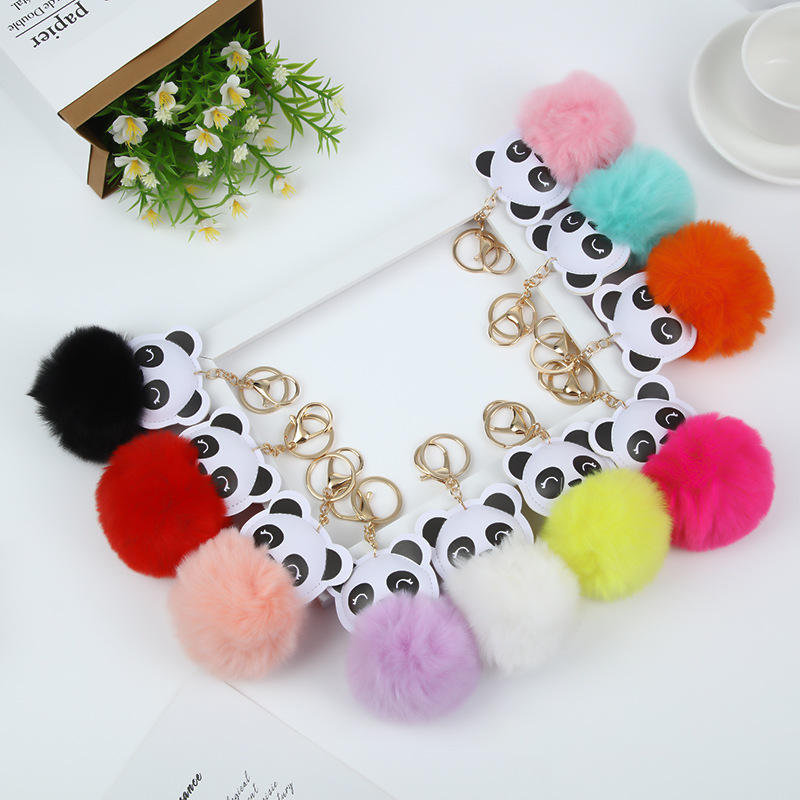 Animal Panda Pom Poms Keychains Fluffy Pompoms Faux Rabbit Fur Ball Panda Key Ring Girls Women Bag Charm Accessories