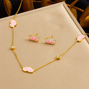 Lotus Flower Jewelry <b>Set</b> Zinc Alloy Pink Gradient Rhinestone Necklace Earrings <b>Bracelet</b> Gift <b>Set</b> - Product Image 2