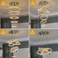 Suspension LED moderne de luxe à 5 anneaux pour villa, escalier, avec contrôle par interrupteur et cristaux