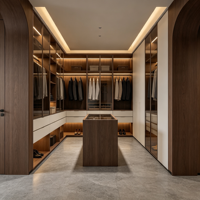 Dressing sur mesure haut de gamme avec armoire, portes vitrées modernes et îlot central pour chambre de villa