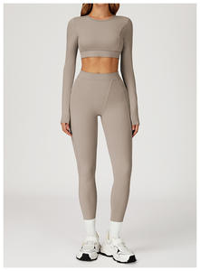 Traje atlético para <span class=keywords><strong>mujer</strong></span>, Sujetador deportivo ajustado de manga larga, ropa deportiva para gimnasio, pantalones cortos de cintura alta, mallas para <span class=keywords><strong>mujer</strong></span>, conjunto de Yoga para gimnasio - Product Image 3