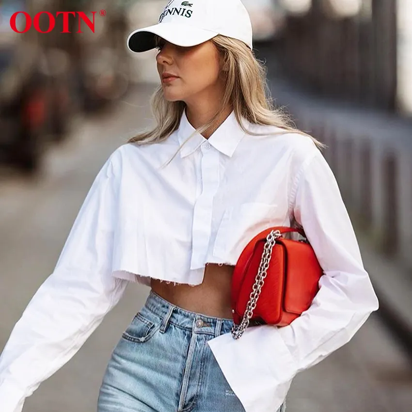 OOTN Long Sleeve Spring Ladies Solid Loose Boyfriend Crop Style Shirt Cotton Shirts Womens Tops And Blouses