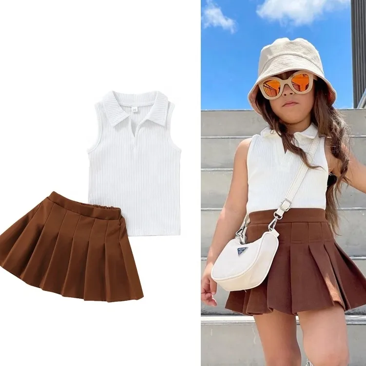 Fashion 1-6Y Fashion Toddler Girls 2 Piece Clothes Sets Solid Turn Down Collar Sleeveless Vest Tops+Pleated Skirts
