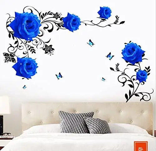 Wall Tattoo Blue Rose Flower Wall Stickers Living Room Bedroom Wallpaper Tv Background Wall Room Decoration Decals