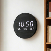 Jam Dinding Kayu Digital LED Nirkabel EMAF Grosir Modern, Monitor Suhu dan Kelembapan, Hiasan Rumah Pintar, Senyap