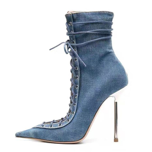 Summer Autumn Lace-Up ZIP Ankle <b>Boots</b> High Top Sexy Women's Denim Short Slim Heels Big Size 48 - Product Image 1