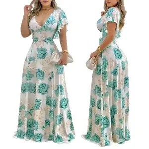 Gaun wanita 2024 gaun kasual modis gaun wanita Maxi cetak motif bunga Sundress