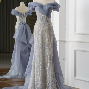 Robes de mariée Jancember Rl137 bleues, style sirène, épaules dénudées, en organza pailleté - Product Image 1