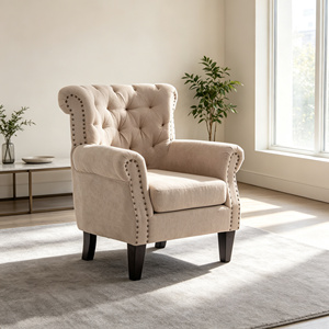 Poltrona Accent Wingback Quadrata Trapuntata <span class=keywords><strong>Beige</strong></span>, Design Chesterfield Moderno, Morbida Poltrona Relax in Lino con Finitura a Borchie e Gambe in Legno per Soggiorno - Product Image 2
