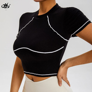 T-shirt da donna slim fit con cuciture <span class=keywords><strong>a</strong></span> contrasto, taglio corto, abbigliamento sportivo all'ingrosso, t-shirt da donna <span class=keywords><strong>a</strong></span> manica corta - Product Image 3