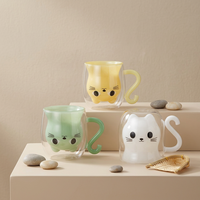 Vente en gros de tasses à café en verre à double paroi mignonnes, en forme de chat 3D, résistantes à la chaleur, avec poignée