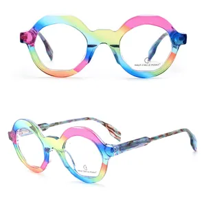 2024 Mehrfarbige Regenbogen acetat brille Herren Retro Kleine runde Brille Neue Frauen Verschreibung pflicht ige Brille Brille HPTG004