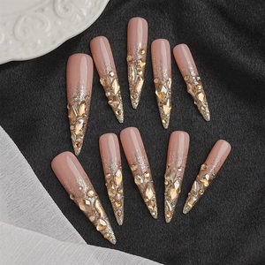 <span class=keywords><strong>Uñas</strong></span> Postizas Largas Tipo Stiletto, Color Rosa Claro con Estampado de Leopardo, Brillantes Plateadas, Triangulares Negras, Color Sólido Brillante, con Pegamento, Venta al Por Mayor - Product Image 2