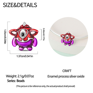 Perle de base intégrée en gros, style Alien Monster, rouge métallisé en haut, violet en bas, émail, grand œil encadré d'argent, petit œil - Product Image 2