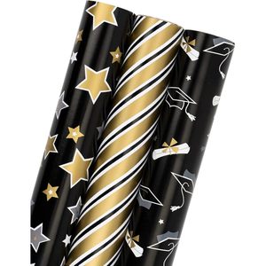 MAYPLUSS Graduation Gift <b>Wrap</b> 17in x 120in Black Gold Foil Stars Stripes Caps Party Craft Packaging <b>Paper</b> - Product Image 1