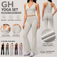 Ensemble de yoga léger GH personnalisé avec logo, pour femme, brossé, col halter, décolleté plongeant, taille haute, coupe ajustée, effet push-up fessier, pour la gym et l'entraînement