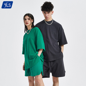YLS-Camiseta de Color liso para hombre, conjunto de dos piezas de tela de Waffle de 260Gsm de talla grande a juego, <span class=keywords><strong>2022</strong></span> - Product Image 1