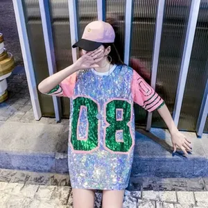 Pink and Green 08 Streetwear Number <strong>Sequin</strong> Loose <strong>Long</strong> T Shirts <strong>Sequin</strong> Baseball Shirt <strong>Sleeve</strong> Casual <strong>Tops</strong> Stage Costumes - Product Image 3