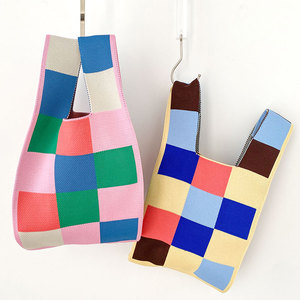 Women Fashion Checkered Flowers Polyester Knitted <strong>Woven</strong> Tote <strong>Bag</strong> <strong>Wool</strong> Crochet Tote Hand <strong>Bags</strong> for Ladies