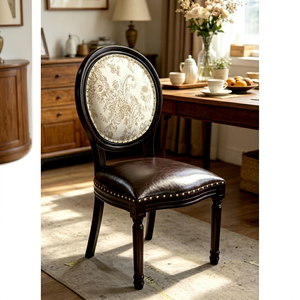 <b>Vintage</b> Round Back Dining Chair, Dark Wood <b>Frame</b> with Floral Fabric & Leather Seat - Product Image 1