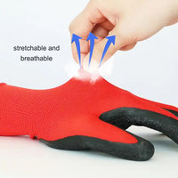 Gants de travail industriels robustes en polyester rouge 13 jauges, enduits de latex froissé, respirants, pour jardinage et construction