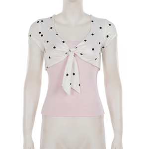 American Sweetheart Style Polka Dot Color Block Twist Knot Tie Cover Up with Solid Strapless Two Piece Set - Product Image 6